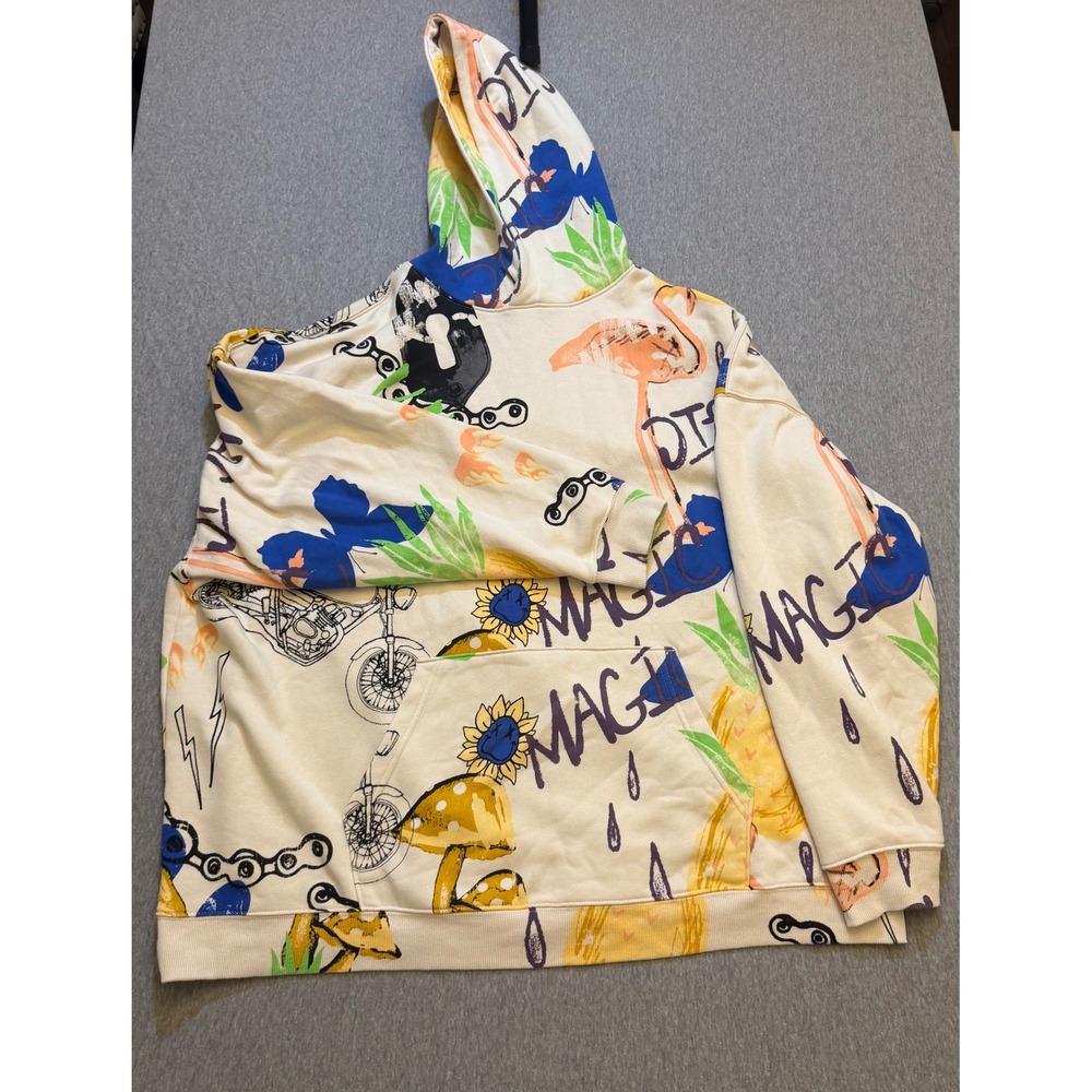 No Boundaries Mens 3XL Oversized Hoodie Doodle Print Mushroom Flamingo Cream